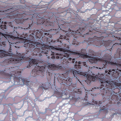 Corded Raschel Lace Panel with Finished Edges - Lavender and Sky Blue All-Over Flowers and Leaves