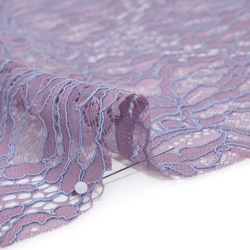 Corded Raschel Lace Panel with Finished Edges - Lavender and Sky Blue All-Over Flowers and Leaves
