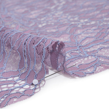 Corded Raschel Lace Panel with Finished Edges - Lavender and Sky Blue All-Over Flowers and Leaves