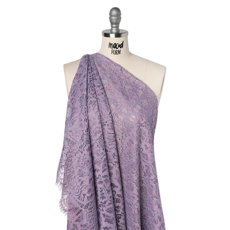 Corded Raschel Lace Panel with Finished Edges - Lavender and Sky Blue All-Over Flowers and Leaves