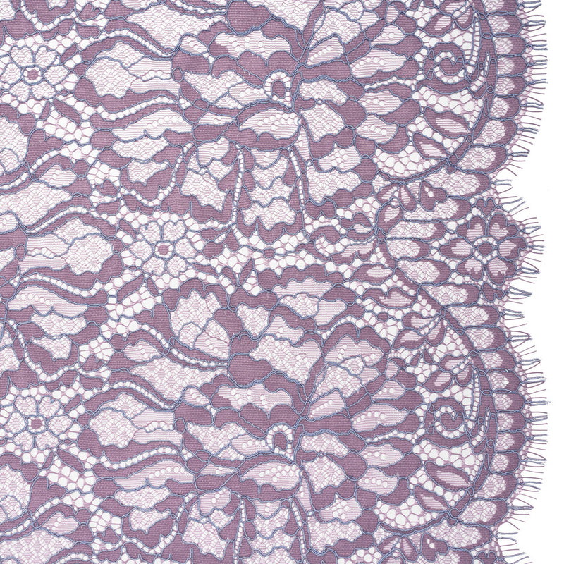 Corded Raschel Lace Panel with Finished Edges - Lavender and Sky Blue All-Over Flowers and Leaves