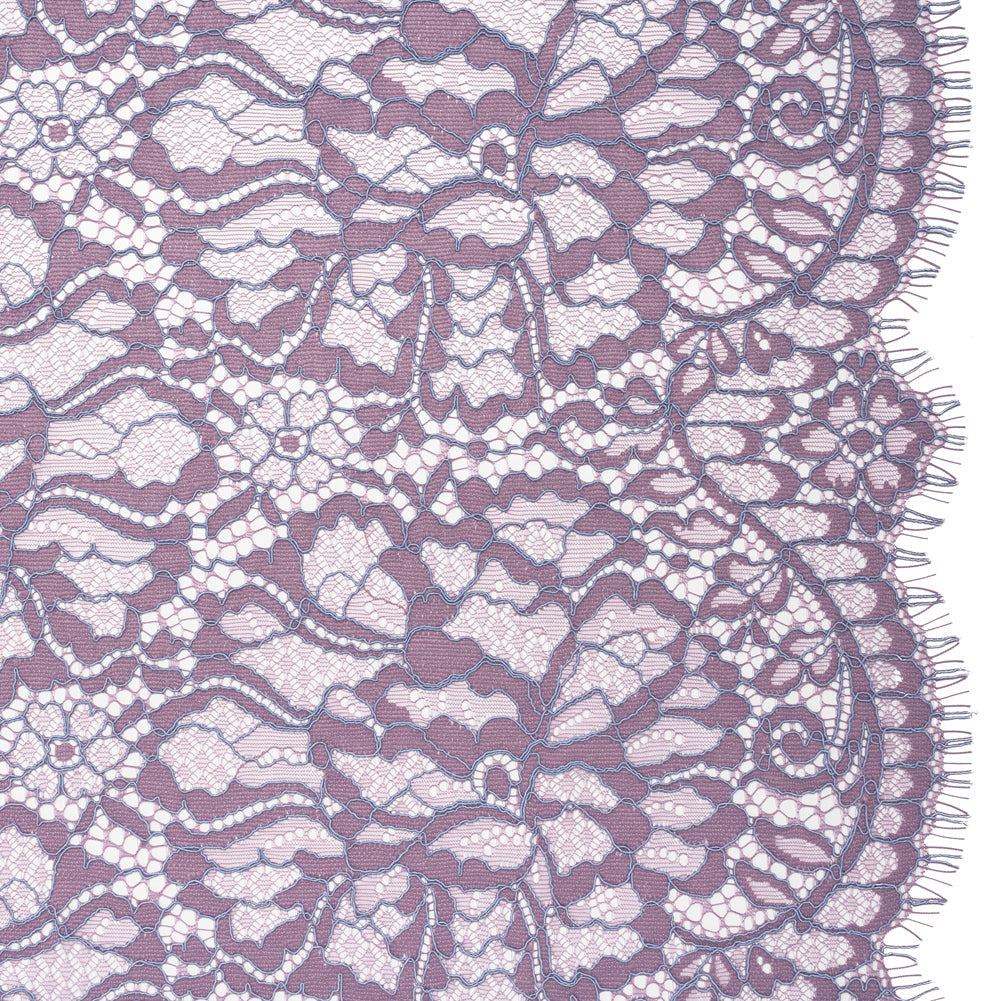Corded Raschel Lace Panel with Finished Edges - Lavender and Sky Blue All-Over Flowers and Leaves