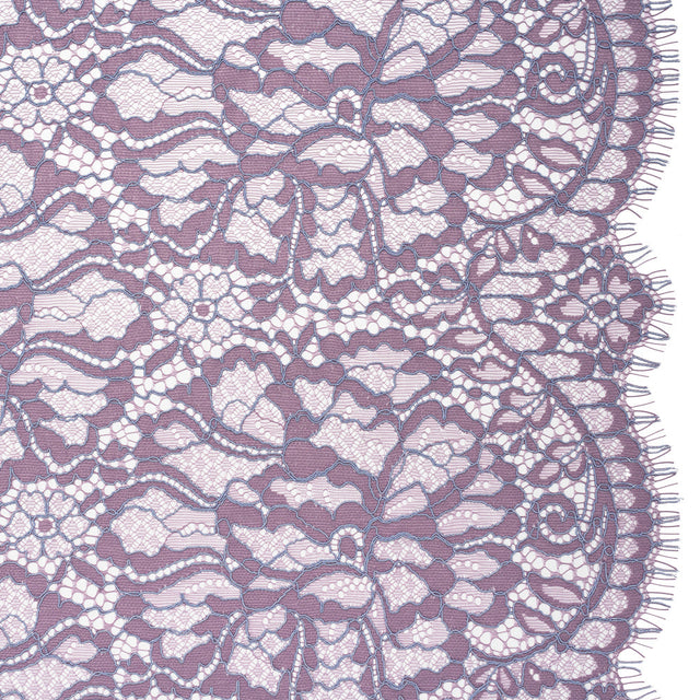 Corded Raschel Lace Panel with Finished Edges - Lavender and Sky Blue All-Over Flowers and Leaves