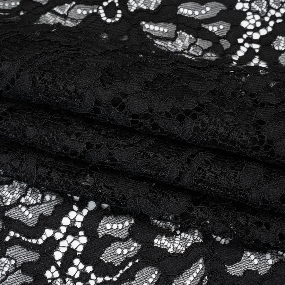 Corded Raschel Lace Panel with Finished Edges - Black All-Over Flowers and Leaves