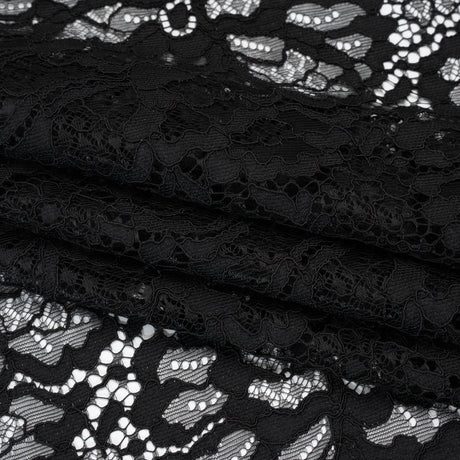 Corded Raschel Lace Panel with Finished Edges - Black All-Over Flowers and Leaves