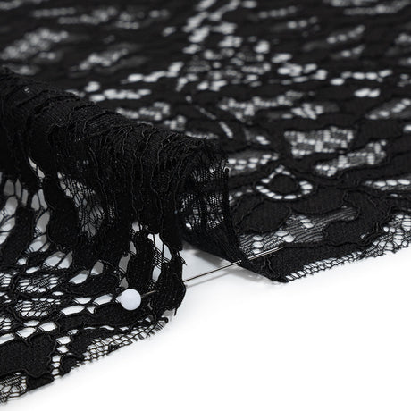 Corded Raschel Lace Panel with Finished Edges - Black All-Over Flowers and Leaves