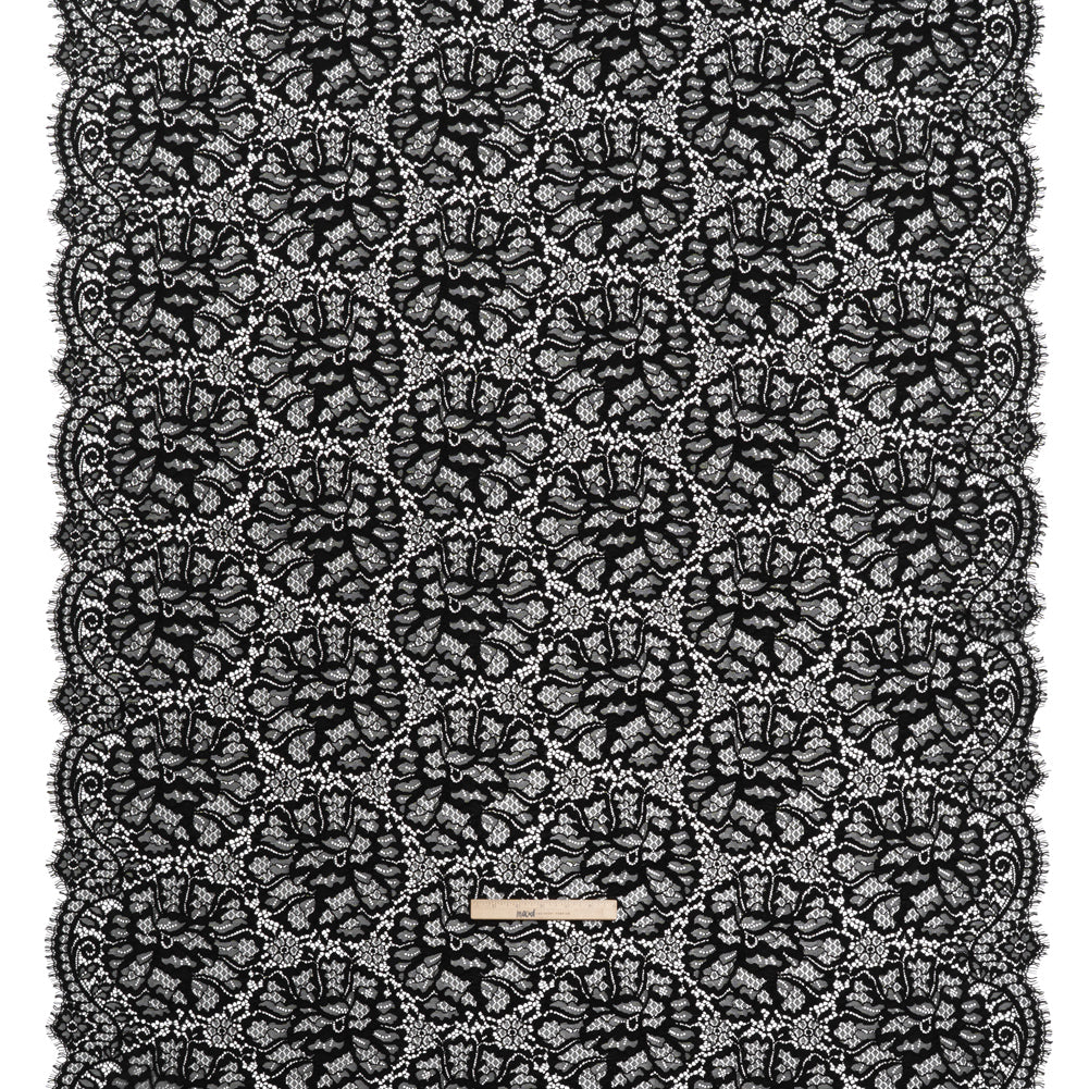 Corded Raschel Lace Panel with Finished Edges - Black All-Over Flowers and Leaves