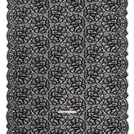 Corded Raschel Lace Panel with Finished Edges - Black All-Over Flowers and Leaves