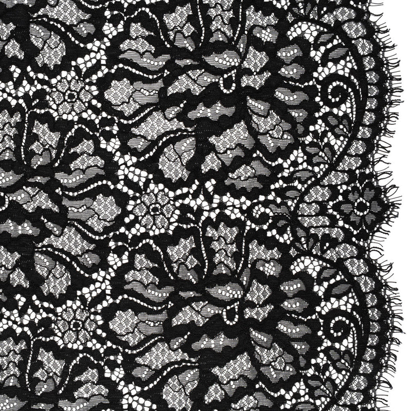 Corded Raschel Lace Panel with Finished Edges - Black All-Over Flowers and Leaves