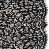 Corded Raschel Lace Panel with Finished Edges - Black All-Over Flowers and Leaves