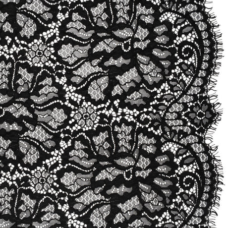 Corded Raschel Lace Panel with Finished Edges - Black All-Over Flowers and Leaves