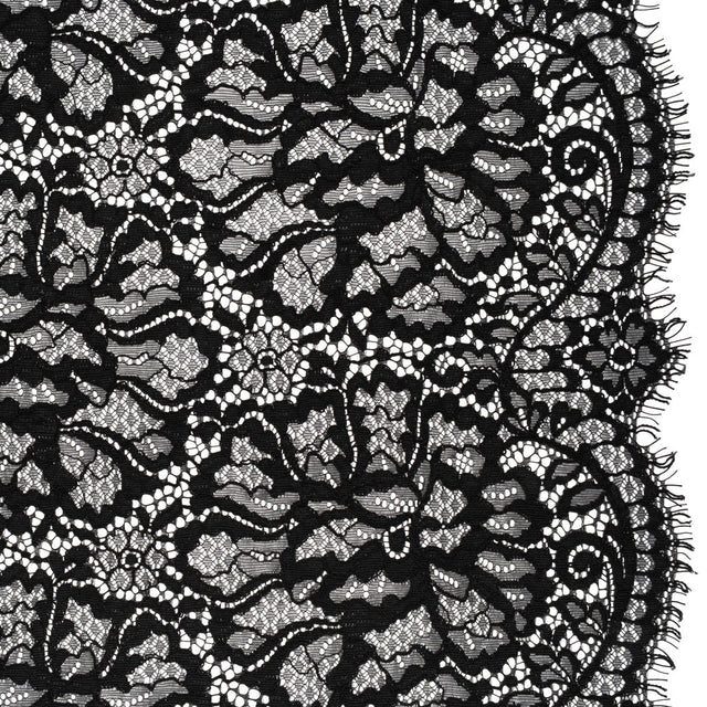 Corded Raschel Lace Panel with Finished Edges - Black All-Over Flowers and Leaves