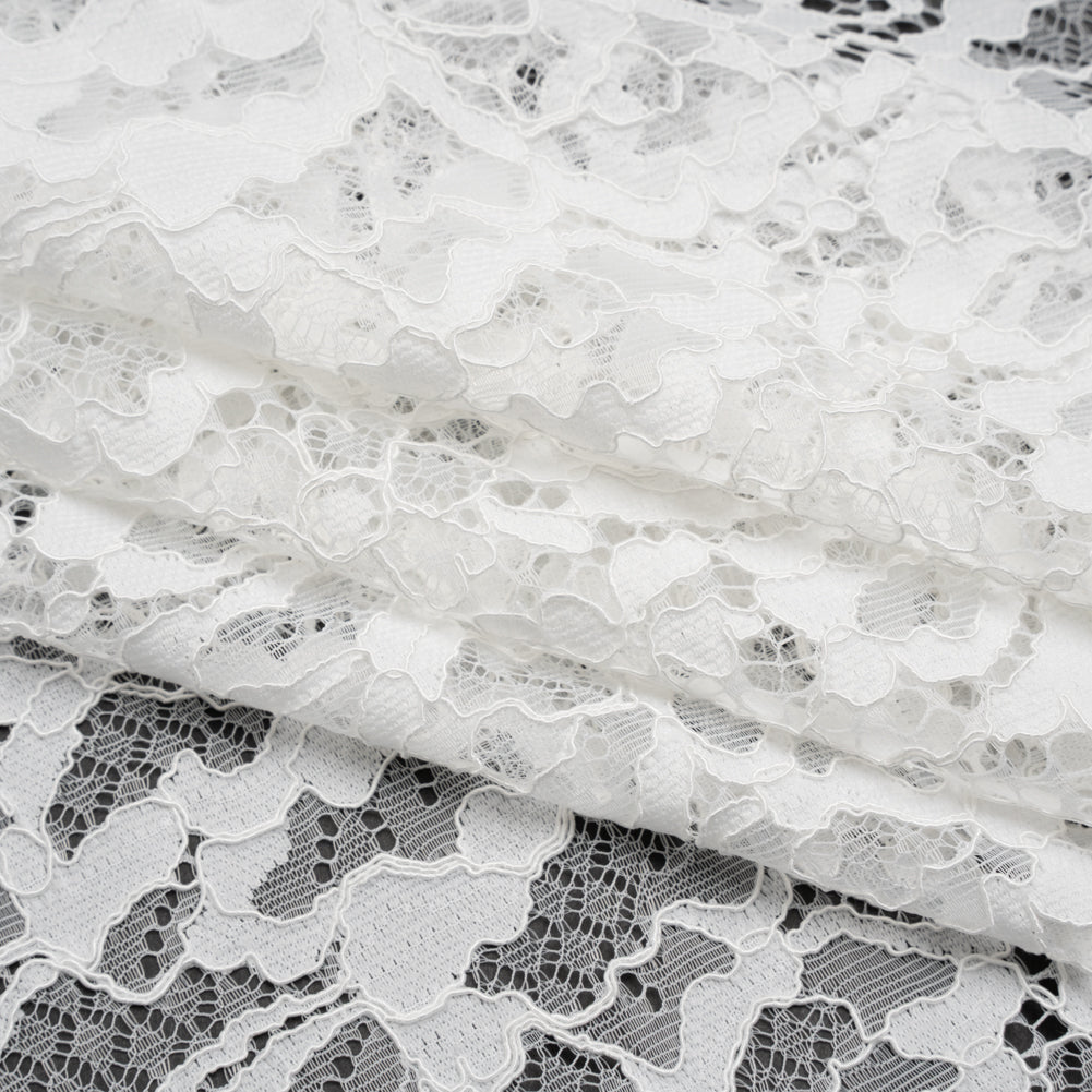 Corded Raschel Lace Panel with Finished Edges - Ivory All-Over Flowers and Leaves