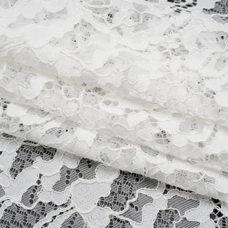 Corded Raschel Lace Panel with Finished Edges - Ivory All-Over Flowers and Leaves