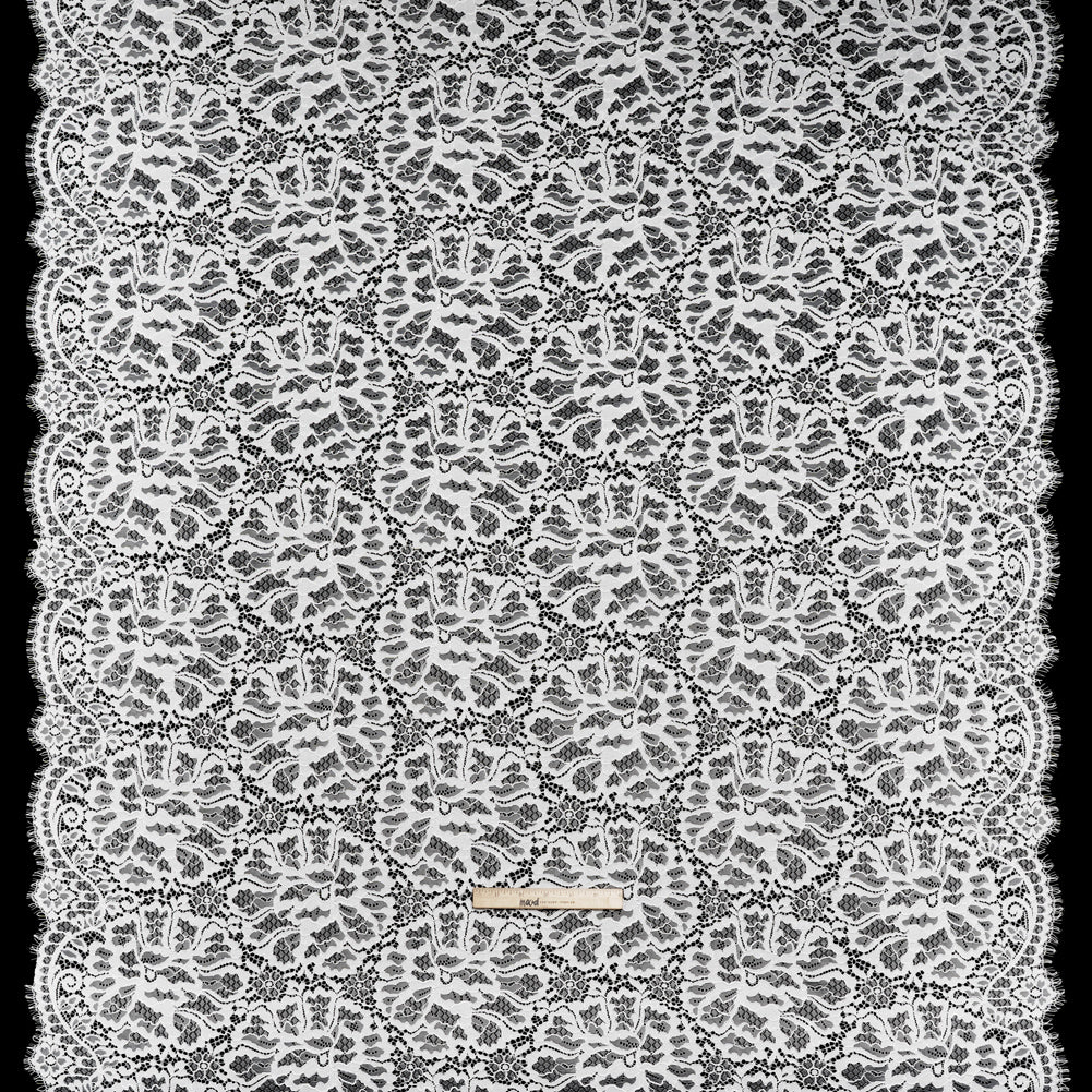Corded Raschel Lace Panel with Finished Edges - Ivory All-Over Flowers and Leaves