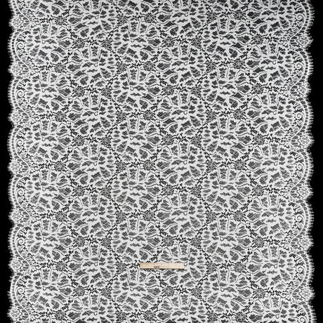 Corded Raschel Lace Panel with Finished Edges - Ivory All-Over Flowers and Leaves