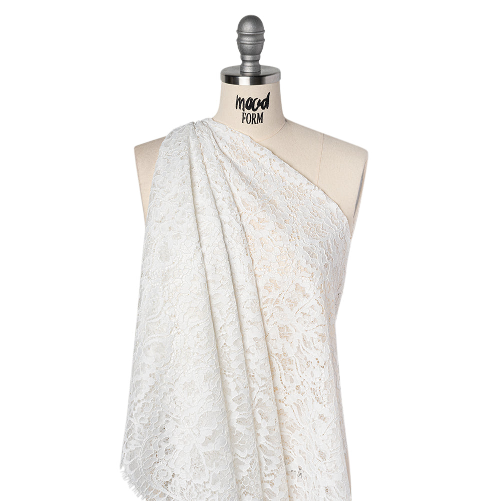 Corded Raschel Lace Panel with Finished Edges - Ivory All-Over Flowers and Leaves