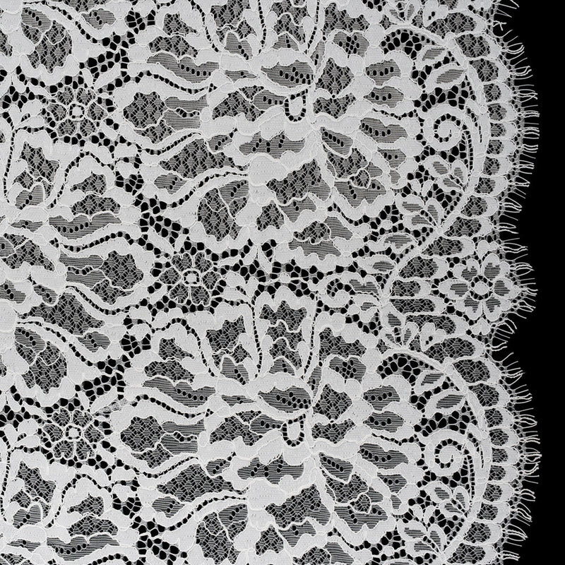 Corded Raschel Lace Panel with Finished Edges - Ivory All-Over Flowers and Leaves