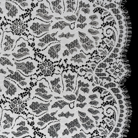 Corded Raschel Lace Panel with Finished Edges - Ivory All-Over Flowers and Leaves