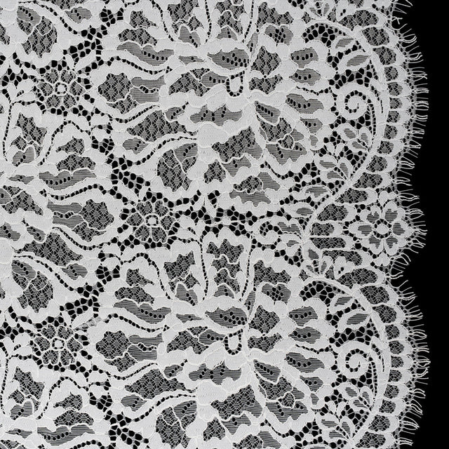 Corded Raschel Lace Panel with Finished Edges - Ivory All-Over Flowers and Leaves