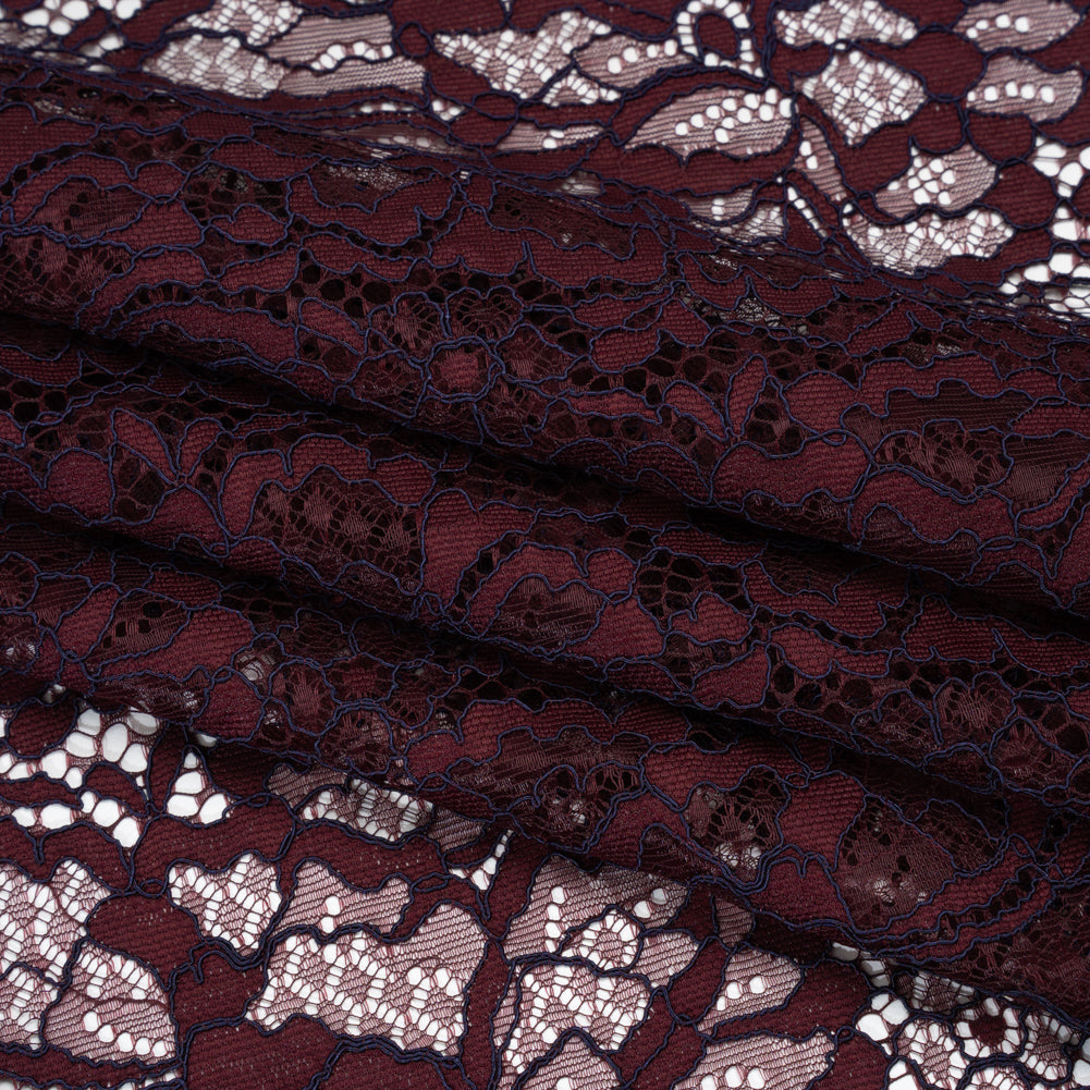 Corded Raschel Lace Panel with Finished Edges - Burgundy and Navy All-Over Flowers and Leaves