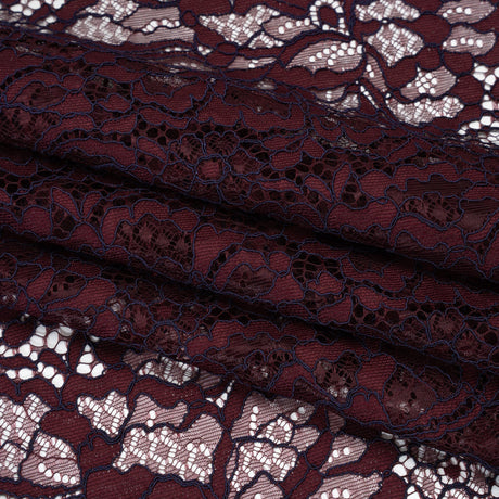 Corded Raschel Lace Panel with Finished Edges - Burgundy and Navy All-Over Flowers and Leaves