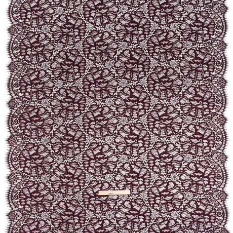 Corded Raschel Lace Panel with Finished Edges - Burgundy and Navy All-Over Flowers and Leaves