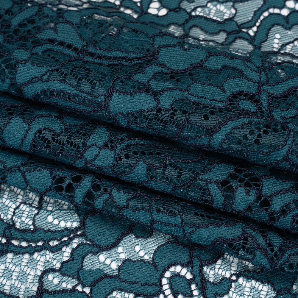 Corded Raschel Lace Panel with Finished Edges - Dark Teal and Navy All-Over Flowers and Leaves