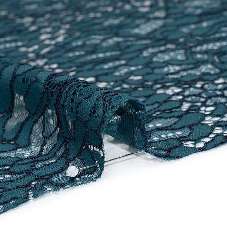 Corded Raschel Lace Panel with Finished Edges - Dark Teal and Navy All-Over Flowers and Leaves