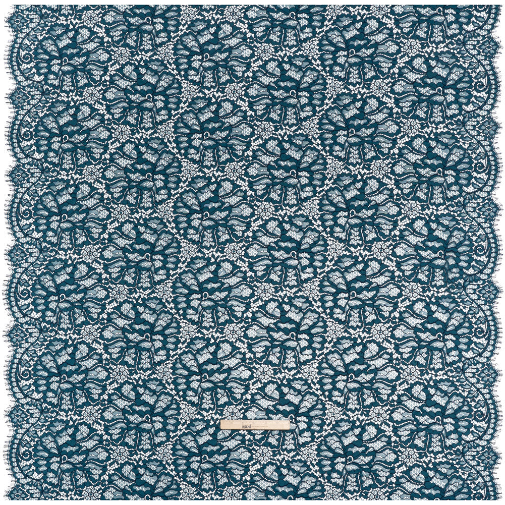 Corded Raschel Lace Panel with Finished Edges - Dark Teal and Navy All-Over Flowers and Leaves