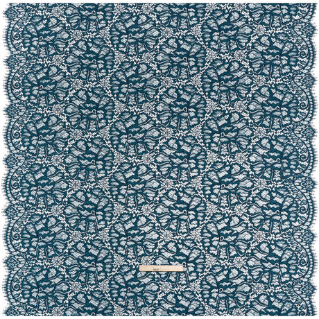 Corded Raschel Lace Panel with Finished Edges - Dark Teal and Navy All-Over Flowers and Leaves