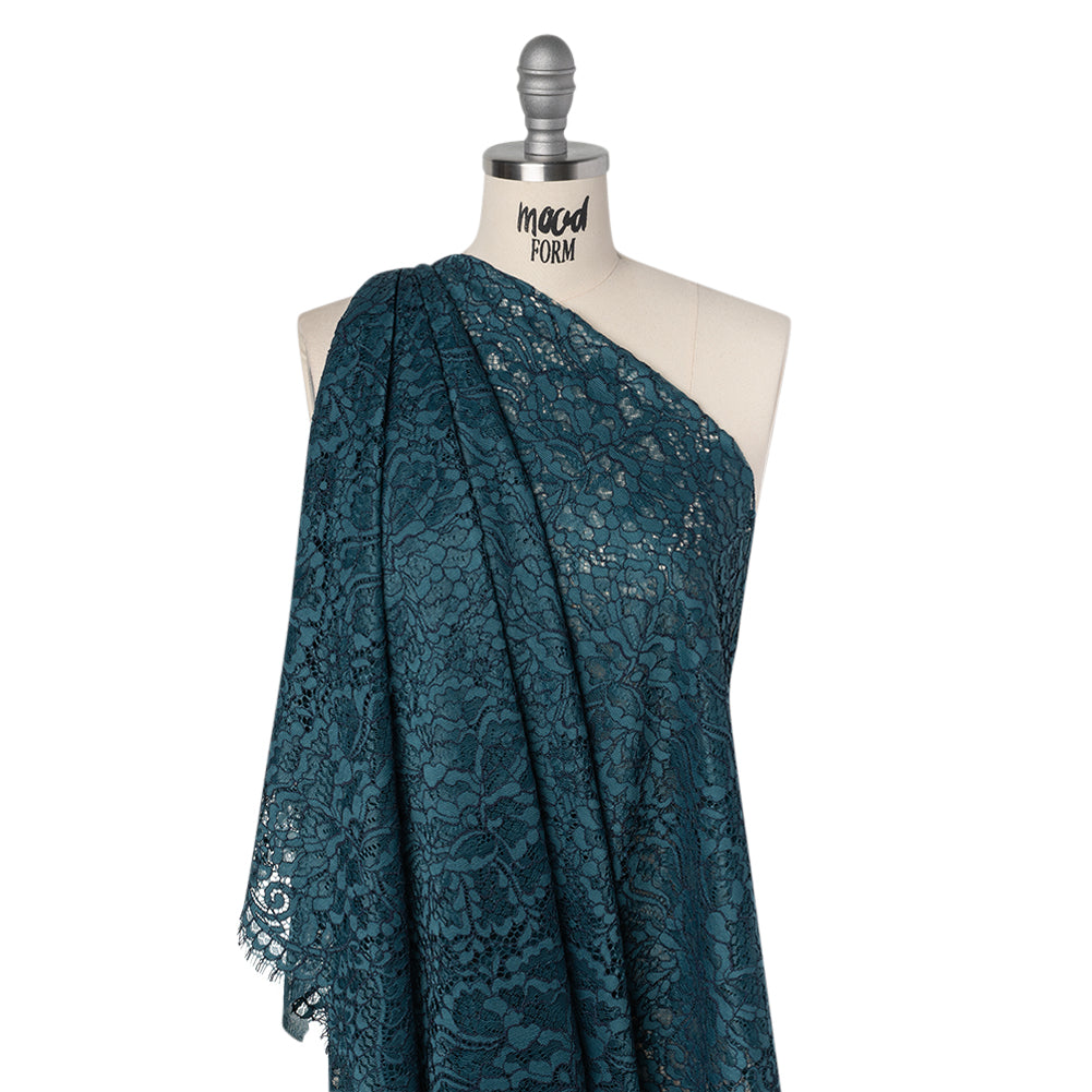 Corded Raschel Lace Panel with Finished Edges - Dark Teal and Navy All-Over Flowers and Leaves