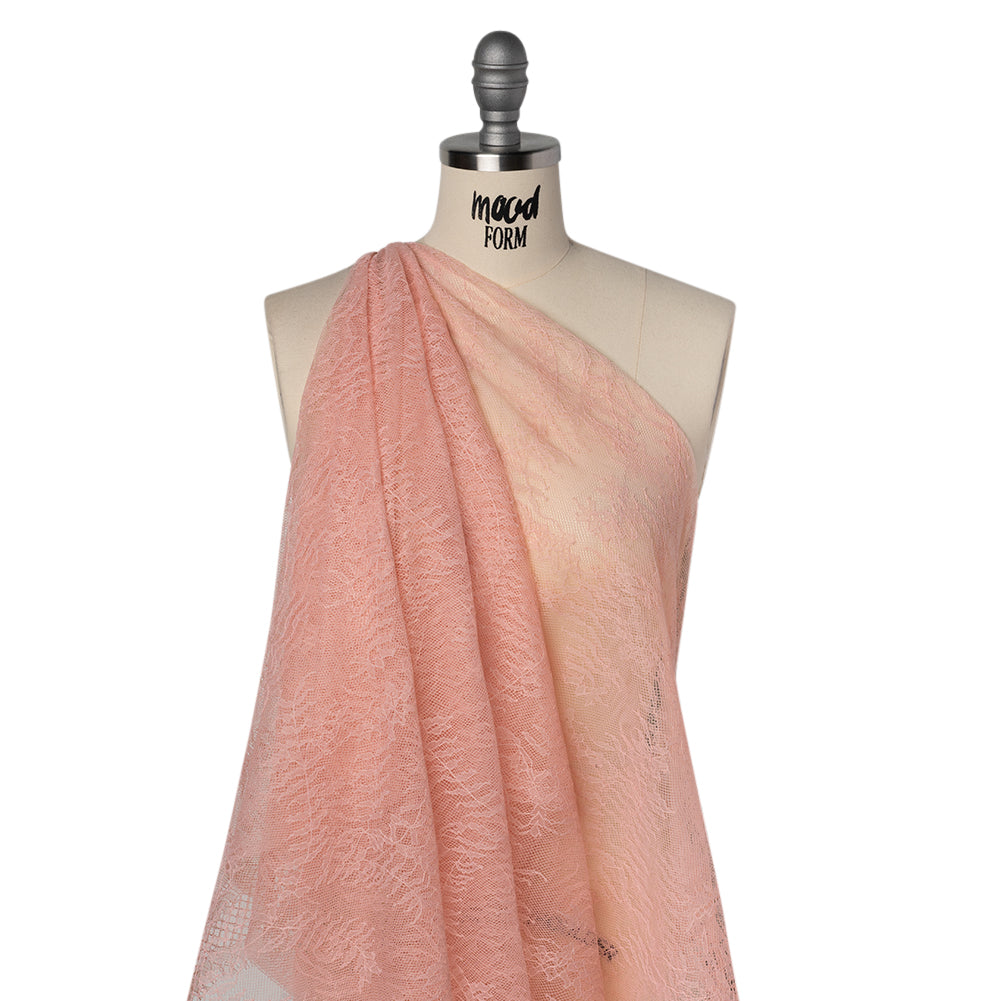 Raschel Lace Panel with Finished Edges - Blossom Pink Delicate Leafy Vines on Net
