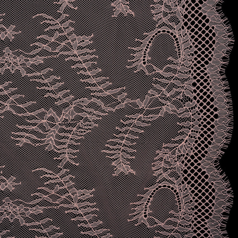 Raschel Lace Panel with Finished Edges - Blossom Pink Delicate Leafy Vines on Net