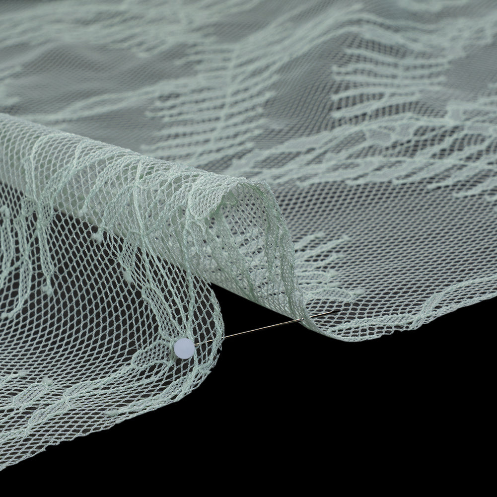 Raschel Lace Panel with Finished Edges - Dusty Aqua Delicate Leafy Vines on Net