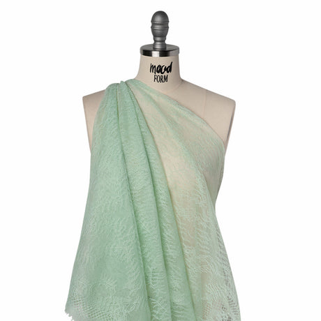 Raschel Lace Panel with Finished Edges - Dusty Aqua Delicate Leafy Vines on Net