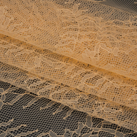 Raschel Lace Panel with Finished Edges - Buff Delicate Leafy Vines on Net