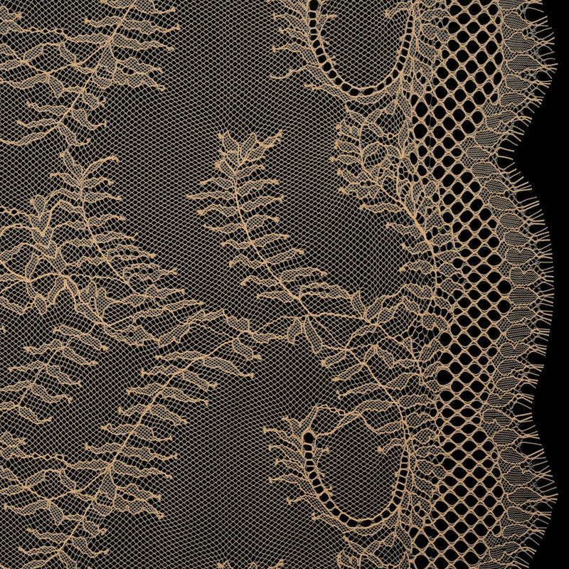 Raschel Lace Panel with Finished Edges - Buff Delicate Leafy Vines on Net