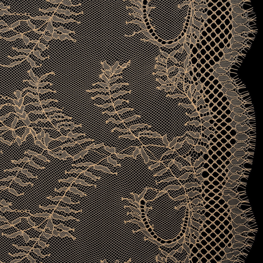 Raschel Lace Panel with Finished Edges - Buff Delicate Leafy Vines on Net