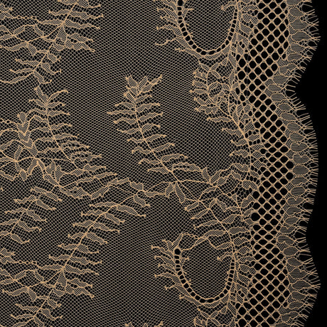 Raschel Lace Panel with Finished Edges - Buff Delicate Leafy Vines on Net