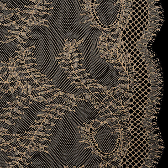 Raschel Lace Panel with Finished Edges - Buff Delicate Leafy Vines on Net