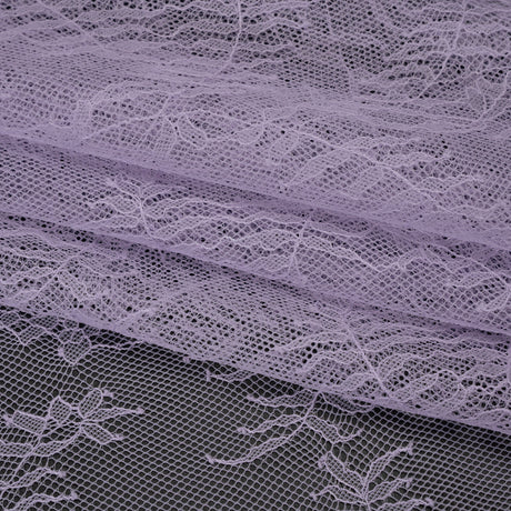 Raschel Lace Panel with Finished Edges - Lavender Delicate Leafy Vines on Net