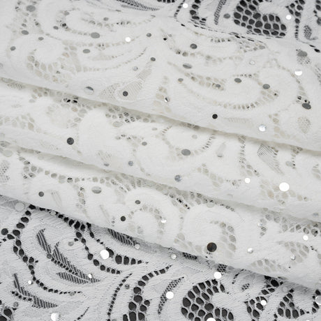 Stretch Raschel Lace with Metallic Spots - Silver and Ivory Fancy Leaves and Flowers