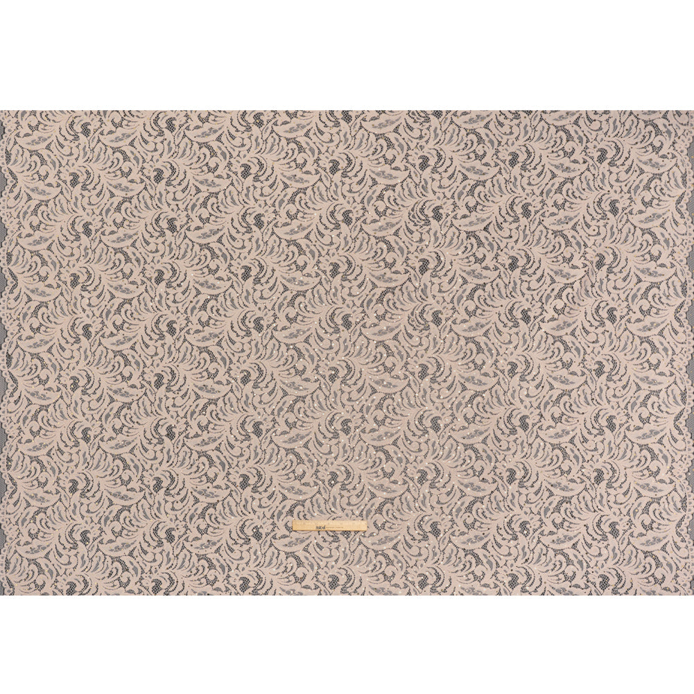 Stretch Raschel Lace with Metallic Spots - Blush and Gold Fancy Leaves and Flowers
