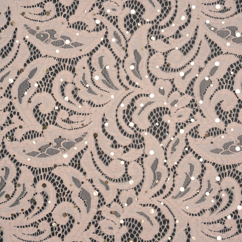 Stretch Raschel Lace with Metallic Spots - Blush and Gold Fancy Leaves and Flowers