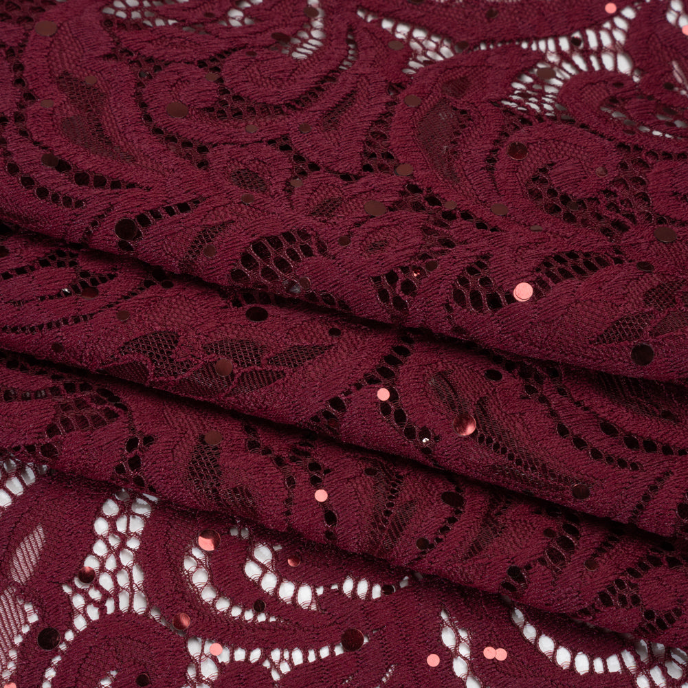 Stretch Raschel Lace with Metallic Spots - Burgundy Fancy Leaves and Flowers