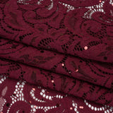 Stretch Raschel Lace with Metallic Spots - Burgundy Fancy Leaves and Flowers