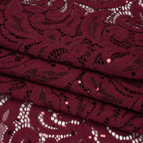 Stretch Raschel Lace with Metallic Spots - Burgundy Fancy Leaves and Flowers