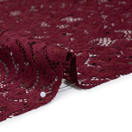 Stretch Raschel Lace with Metallic Spots - Burgundy Fancy Leaves and Flowers