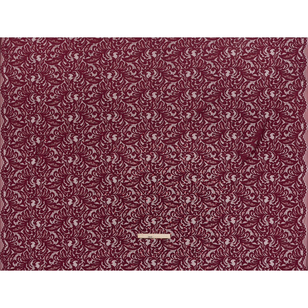 Stretch Raschel Lace with Metallic Spots - Burgundy Fancy Leaves and Flowers